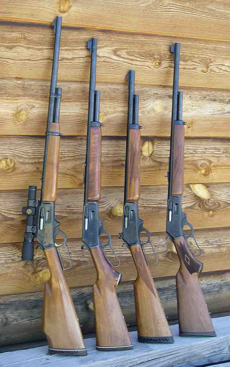 Marlin Model 444 .444 leverguns include (left to right): an original Model 444 (1965) with high comb stock, straight-finger lever and a 24-inch barrel, a 1984 Model 444SS with a 22-inch barrel and curved-finger lever, a 1999 Model 444P with 18.5-inch ported barrel and straight-finger lever and a current Model 444SS with a 22-inch barrel, curved-finger lever and 1:20 rifling twist.